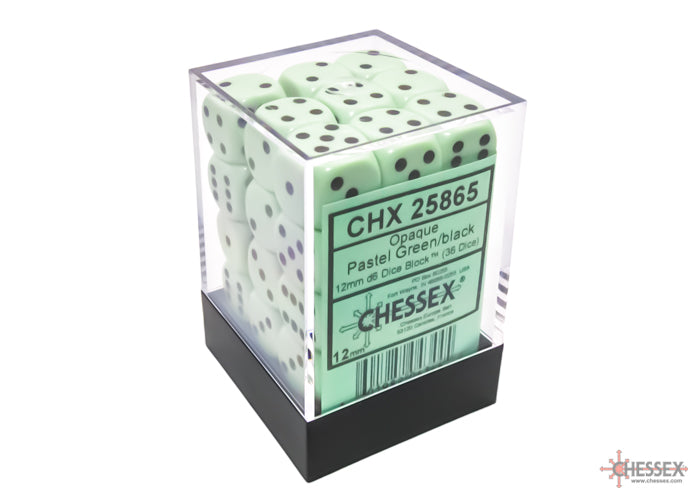 Chessex 12mm D6 Dice Block, 36 pastel green dice with black pips, perfect for tabletop gaming.