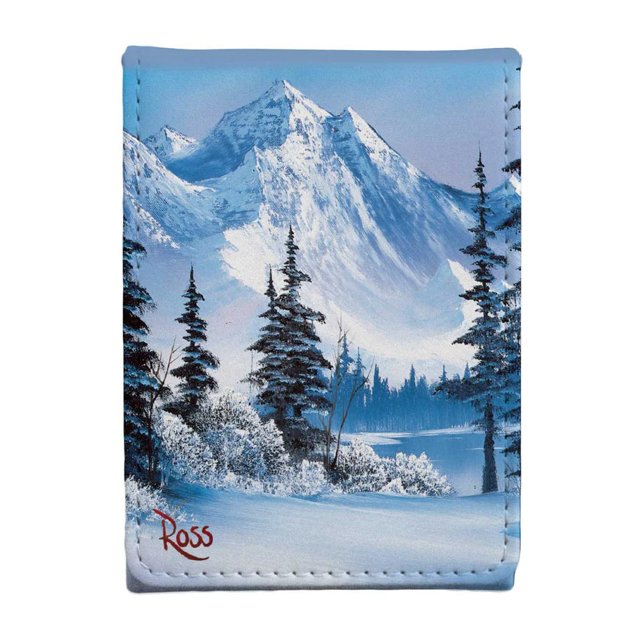 Ultra PRO Alcove Flip: Bob Ross: Winter Paradise features a serene winter landscape on a leatherette pouch, securely holding 100+ double-sleeved trading cards.
