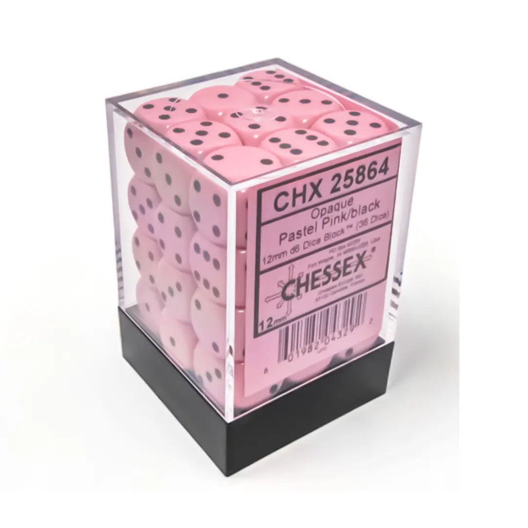 Chessex Opaque Pastel Pink/black 12mm d6 Dice Block (36 dice) Moonveil Games