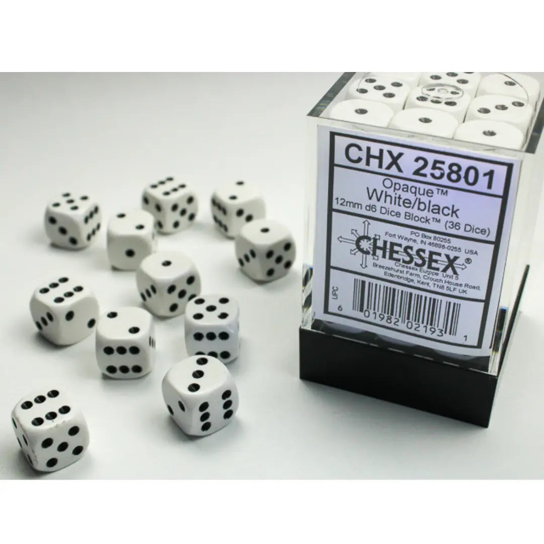 Chessex Opaque White/black 12mm d6 Dice Block (36 dice) Moonveil Games