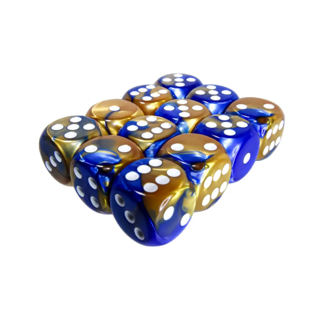 Chessex Gemini Blue-Gold/white 16mm d6 Dice Block (12 dice) Moonveil Games