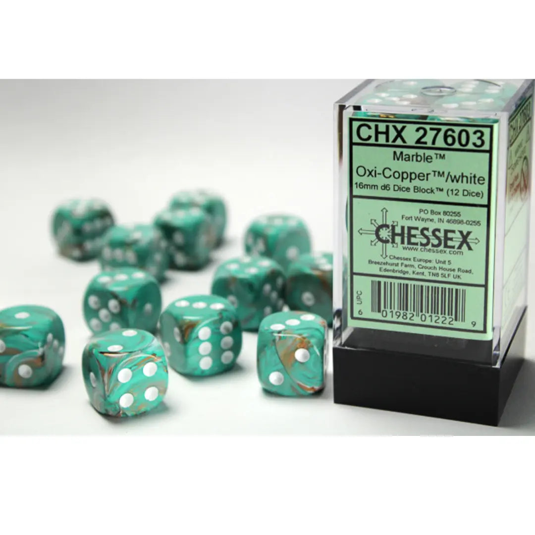 Chessex Marble Oxi-Copper/white 16mm d6 Dice Block (12 dice) Moonveil Games