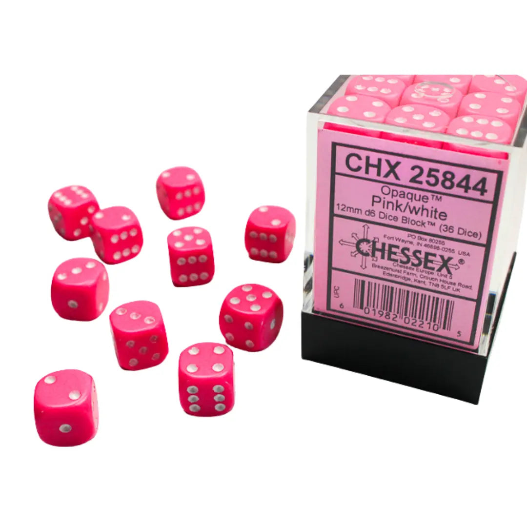 Chessex Opaque Pink/white 12mm d6 Dice Block (36 dice) Moonveil Games