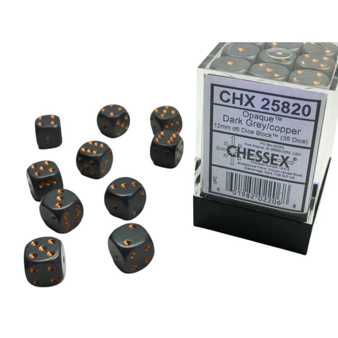 Chessex Opaque Dark Grey/copper 12mm d6 Dice Block (36 dice) Moonveil Games