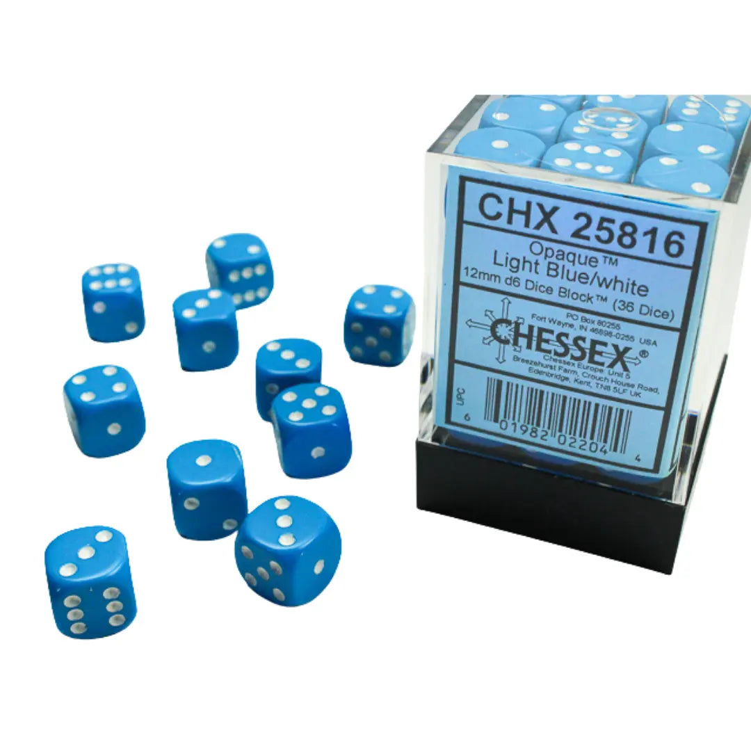Chessex Opaque Light Blue/white 12mm d6 Dice Block (36 dice) Moonveil Games