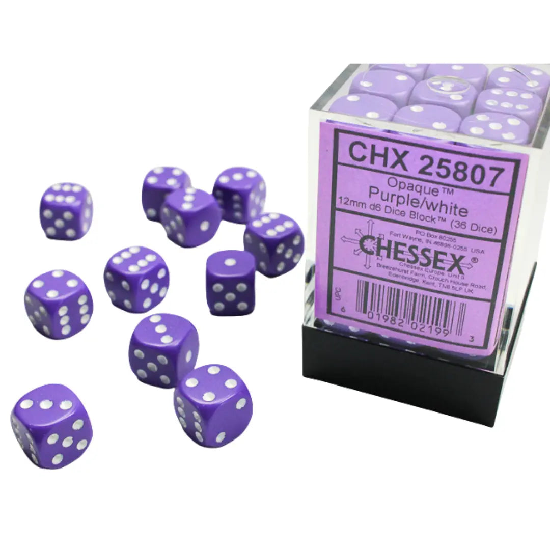 Chessex Opaque Purple/white 12mm d6 Dice Block (36 dice) Moonveil Games