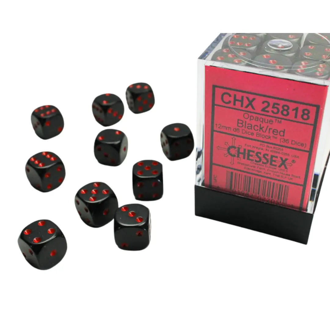 Chessex Opaque Black/red 12mm d6 Dice Block (36 dice) Moonveil Games