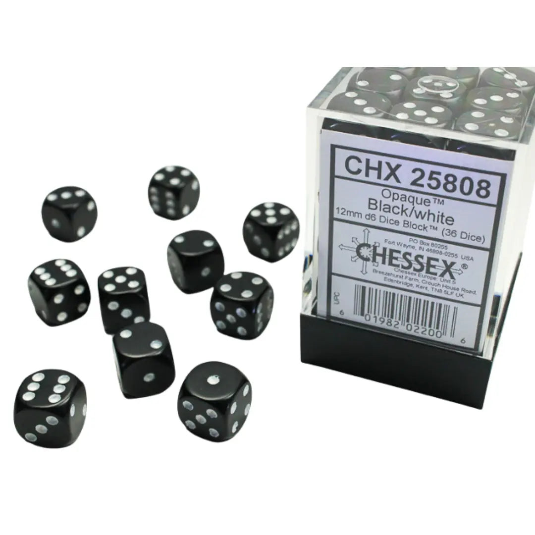Chessex Opaque Black/white 12mm d6 Dice Block (36 dice) Moonveil Games
