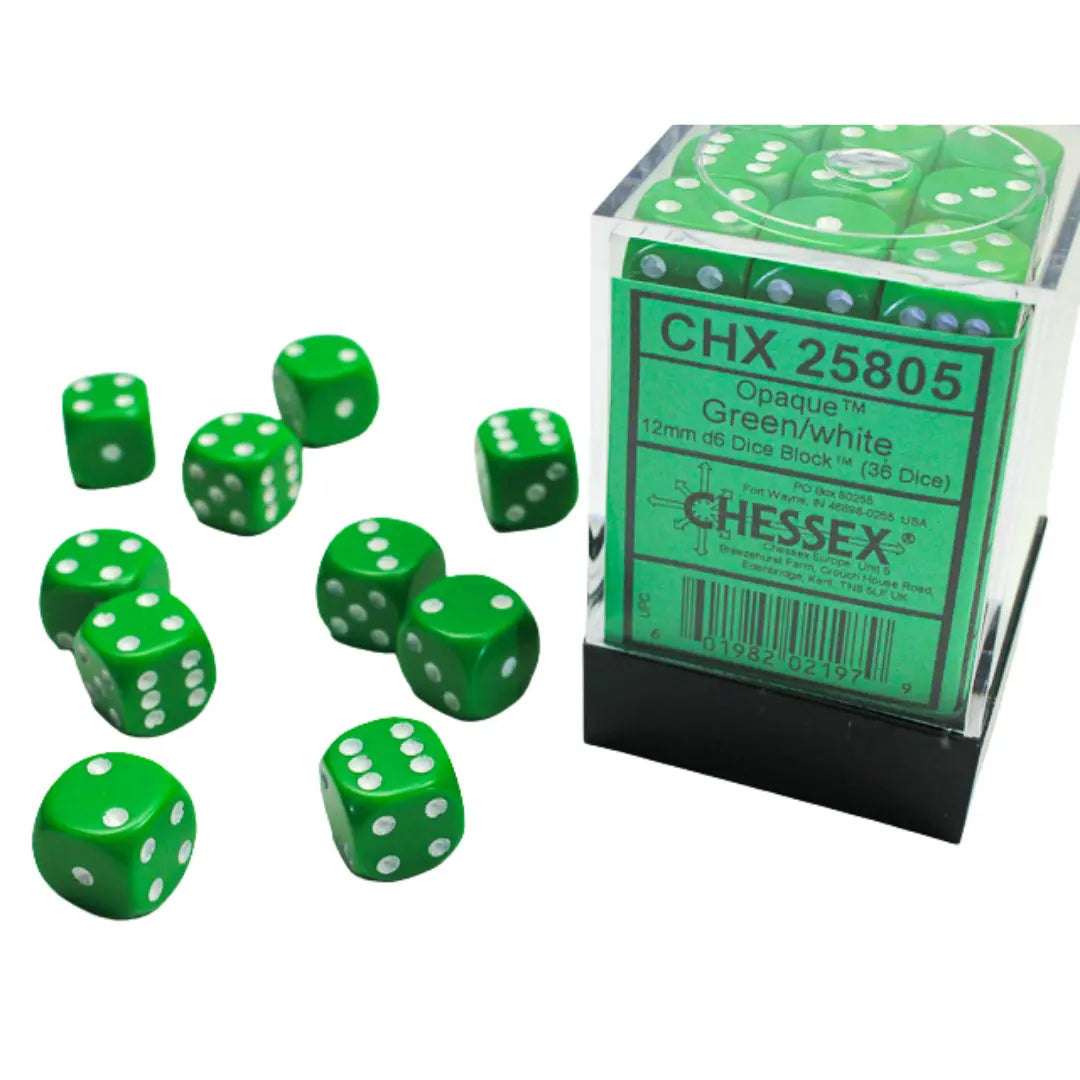 Chessex Opaque Green/white 12mm d6 Dice Block (36 dice) Moonveil Games