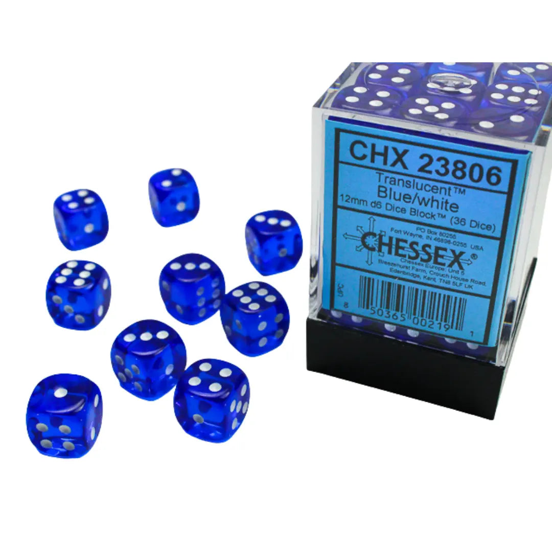 Chessex Translucent Blue/white 12mm d6 Dice Block (36 dice) Moonveil Games