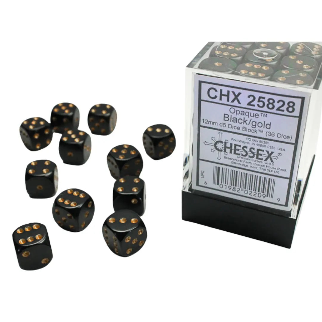 Chessex Opaque Black/gold 12mm d6 Dice Block (36 dice) Moonveil Games