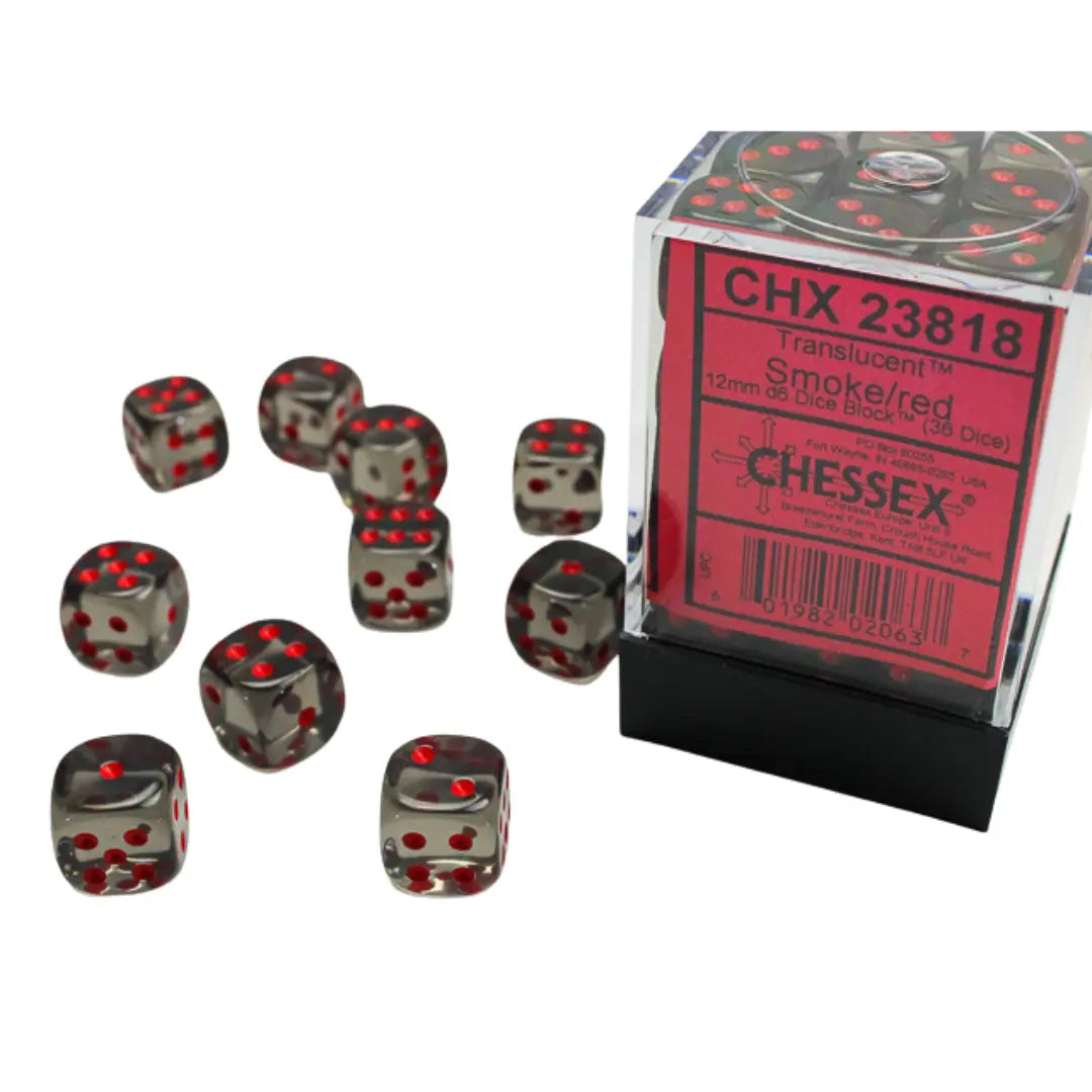 Translucent Smoke/red 12mm d6 Dice Block (36 dice) Moonveil Games