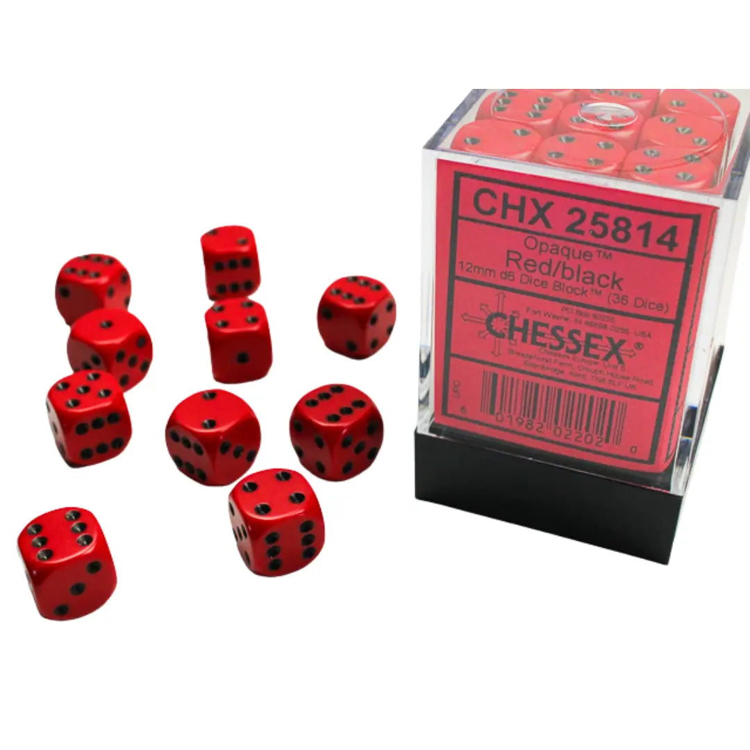 Chessex Opaque Red/black 12mm d6 Dice Block (36 dice) Moonveil Games