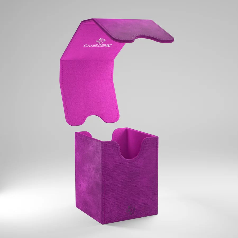 GameGenic Squire: 100+ XL Purple Deck Box floating with detached lid, showcasing its suede texture and card-holding capacity for trading card enthusiasts.