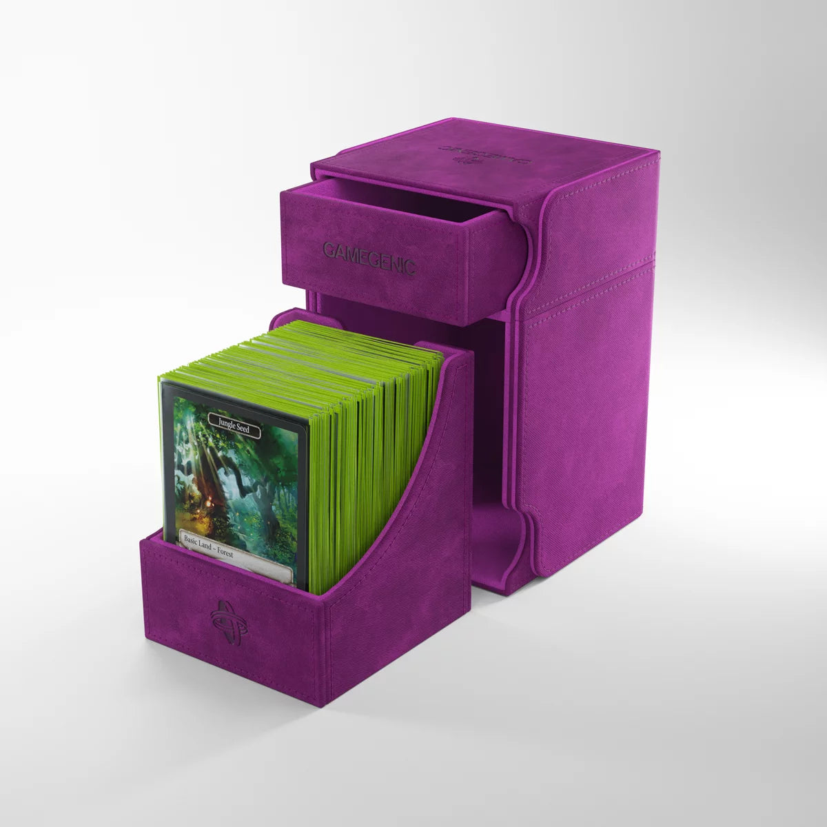 GameGenic Watchtower 100+ XL CONVERTIBLE Purple Deck Box with open drawers showing green-sleeved cards and space for dice or tokens, ideal for MTG decks.
