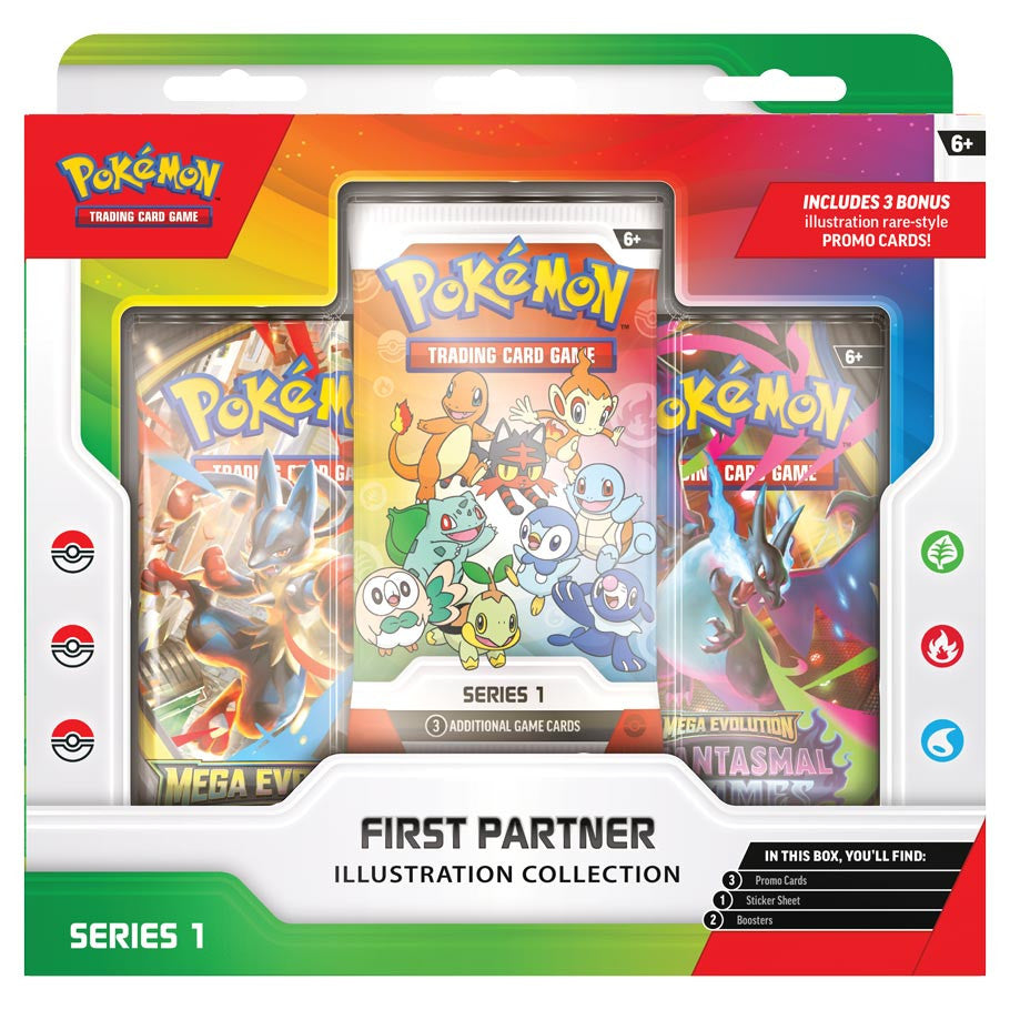 Pokémon TCG: First Partner Illustration Collection: Series 1 box with starter partners, Mega-Evolution booster packs, and promo card call-out. Includes sticker sheet and promo cards.