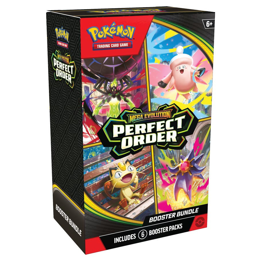 Pokémon TCG: Mega Evolution 3: Perfect Order Booster Bundle featuring Eternatus, Blissey, Meowth, and Starmie on the retail box, includes six booster packs.