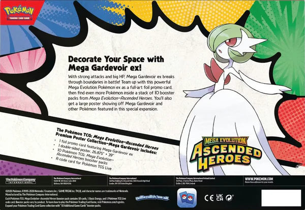 Pokémon TCG: Mega Evolution 2.5: Ascended Heroes Premium Poster Collection features Mega Gardevoir ex, 10 booster packs, and a double-sided poster.