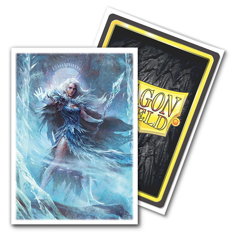 Two trading-card sleeves featuring an ice-themed sorceress and Dragon Shield logo, ideal for enhancing and protecting MTG decks with stunning, durable artwork.