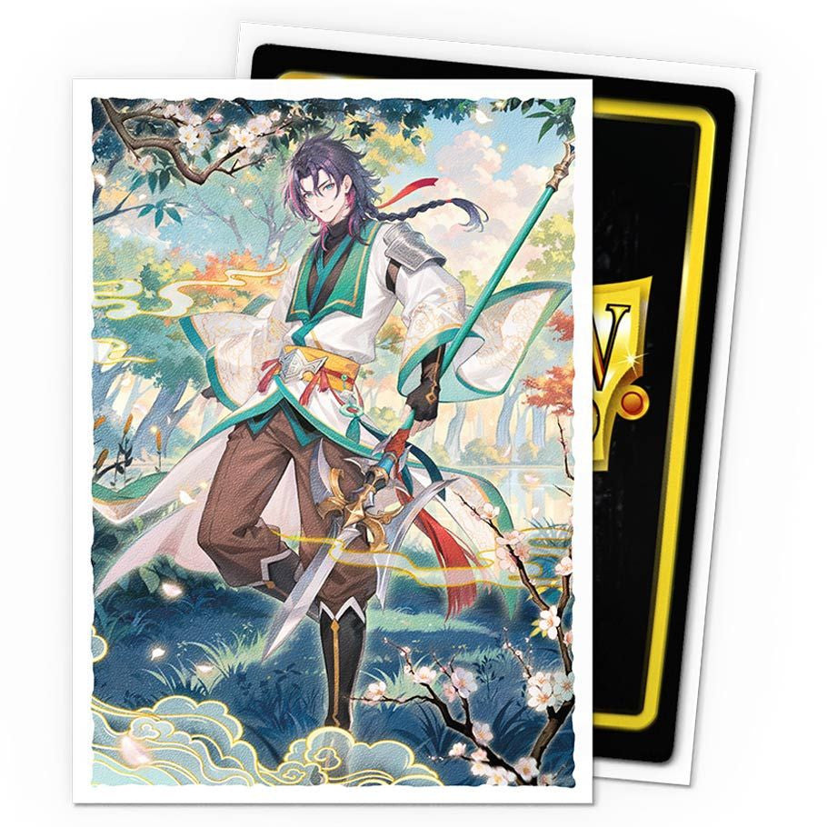 Dragon Shield: Art: Matte sleeves featuring Jin, Fate Defiant, with fantasy artwork of a swordsman in a blossoming forest; ideal for trading card protection.