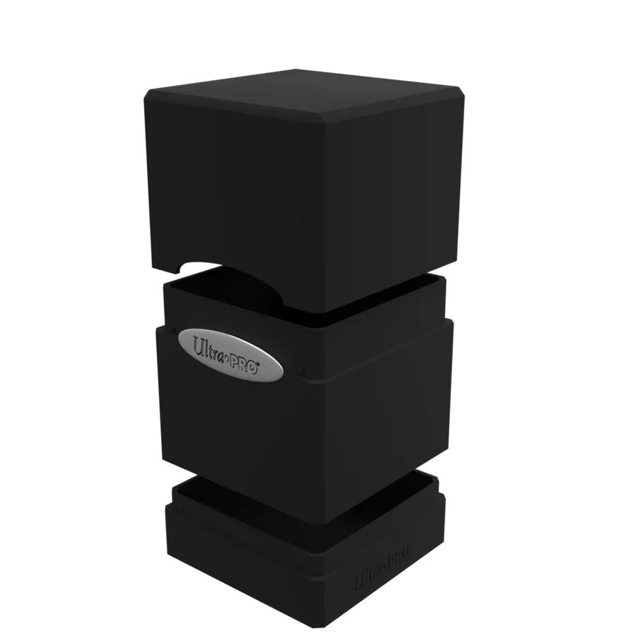 Ultra PRO: Satin Tower: Jet Black Deck Box with removable lid, card compartment, and base for dice. Holds 100+ cards securely with snap-fit lock.