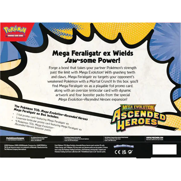 Pokémon TCG: Mega Evolution 2.5: Ascended Heroes Mega Ex Box (RANDOM) featuring promo cards, lenticular Mega Feraligatr ex card, and four booster packs.