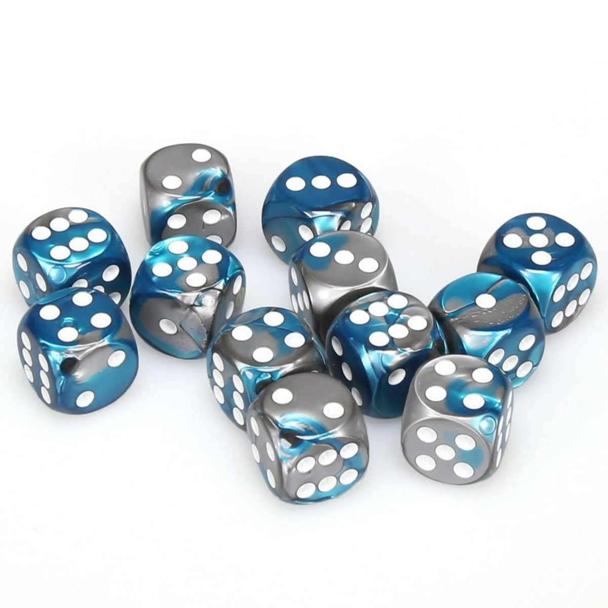 Chessex Gemini Steel-Teal/White 16mm d6 Dice Block (12 dice) Moonveil Games
