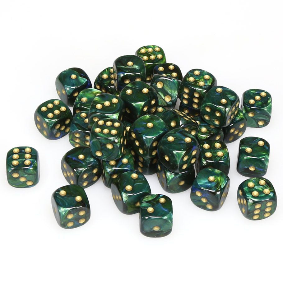 Chessex Scarab Jade with Gold 12mm d6 Dice Block (36 dice)