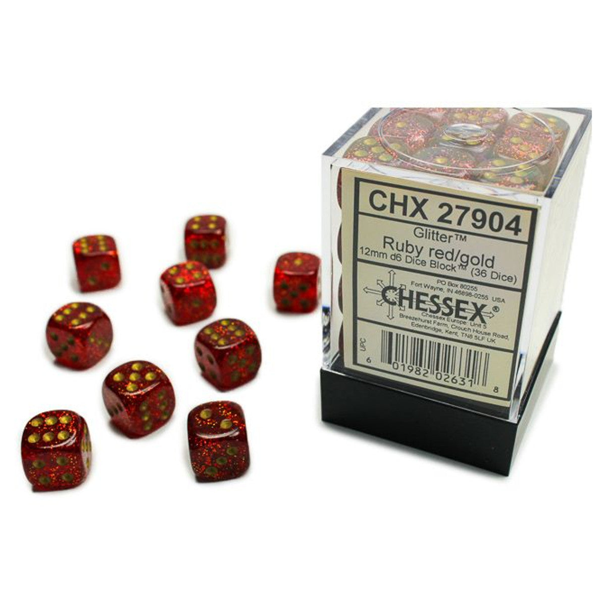Chessex Glitter Ruby with Gold 12mm d6 Dice Block (36 dice)