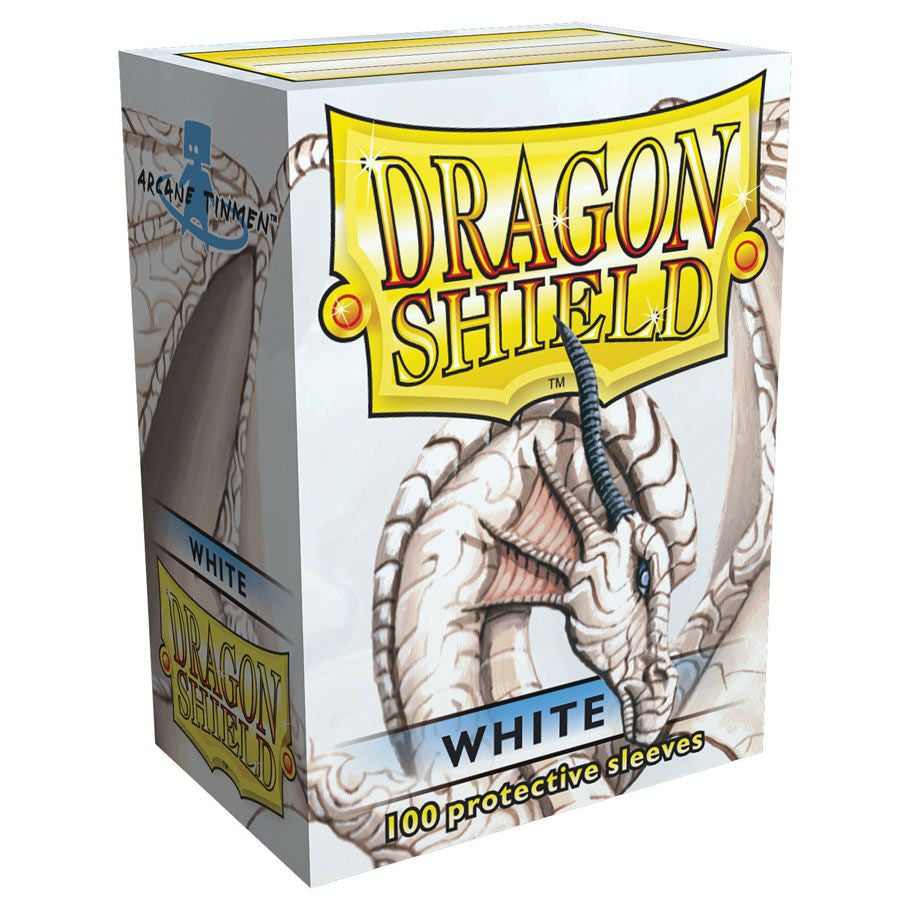 Dragon Shield - White - Classic Sleeves, 100 clear-white protective sleeves for standard trading cards, ideal for MTG, Pokémon. Classic texture with glossy backs.
