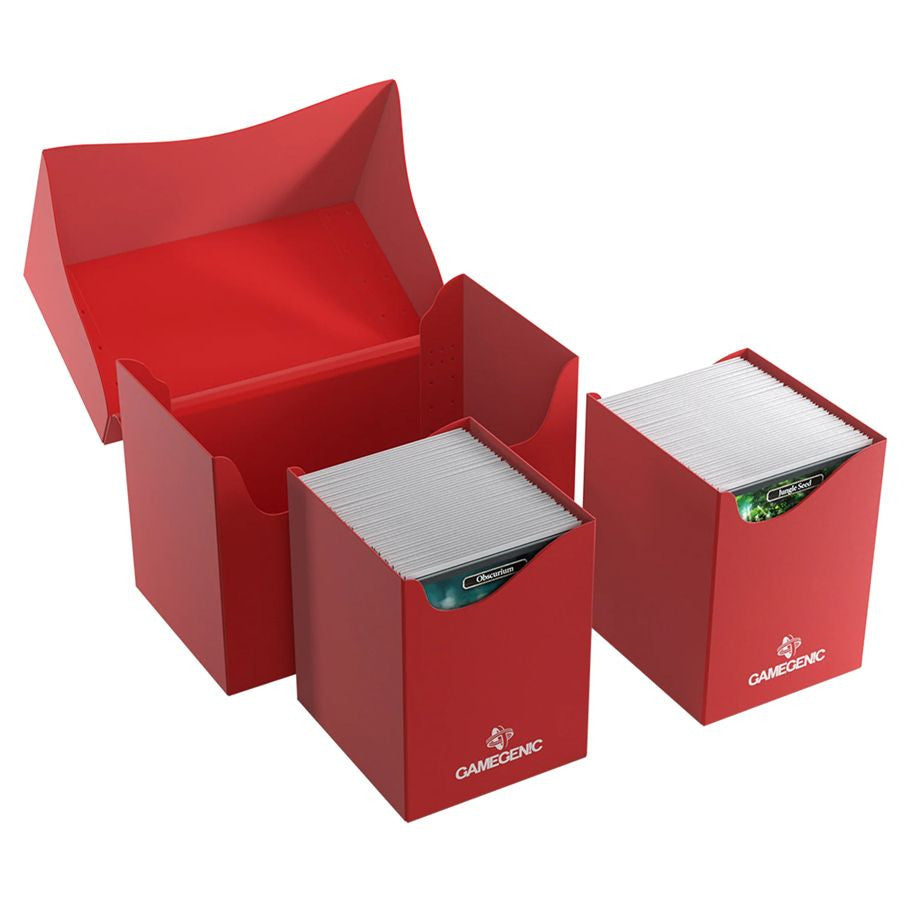 GameGenic: DOUBLE DECK HOLDER 200+ XL RED, shows three deck boxes, two filled with cards, one open, showcasing removable holders and spacious interior.