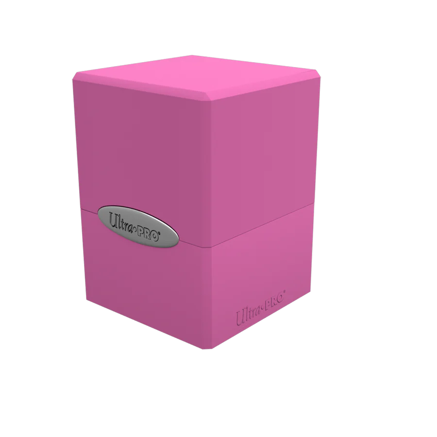 Ultra PRO Classic Satin Cube Hot Pink Deck Box, a durable container for 100+ trading cards, featuring a secure snap-fit lock and Classic Satin finish.