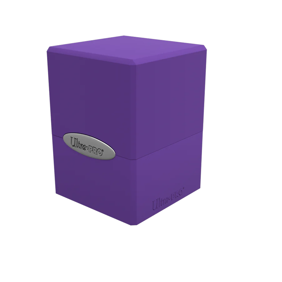 Ultra PRO Classic Satin Cube Royal Purple Deck Box, a durable, injection-molded container for securing 100+ trading cards with a snap-fit lock, ideal for Magic decks.