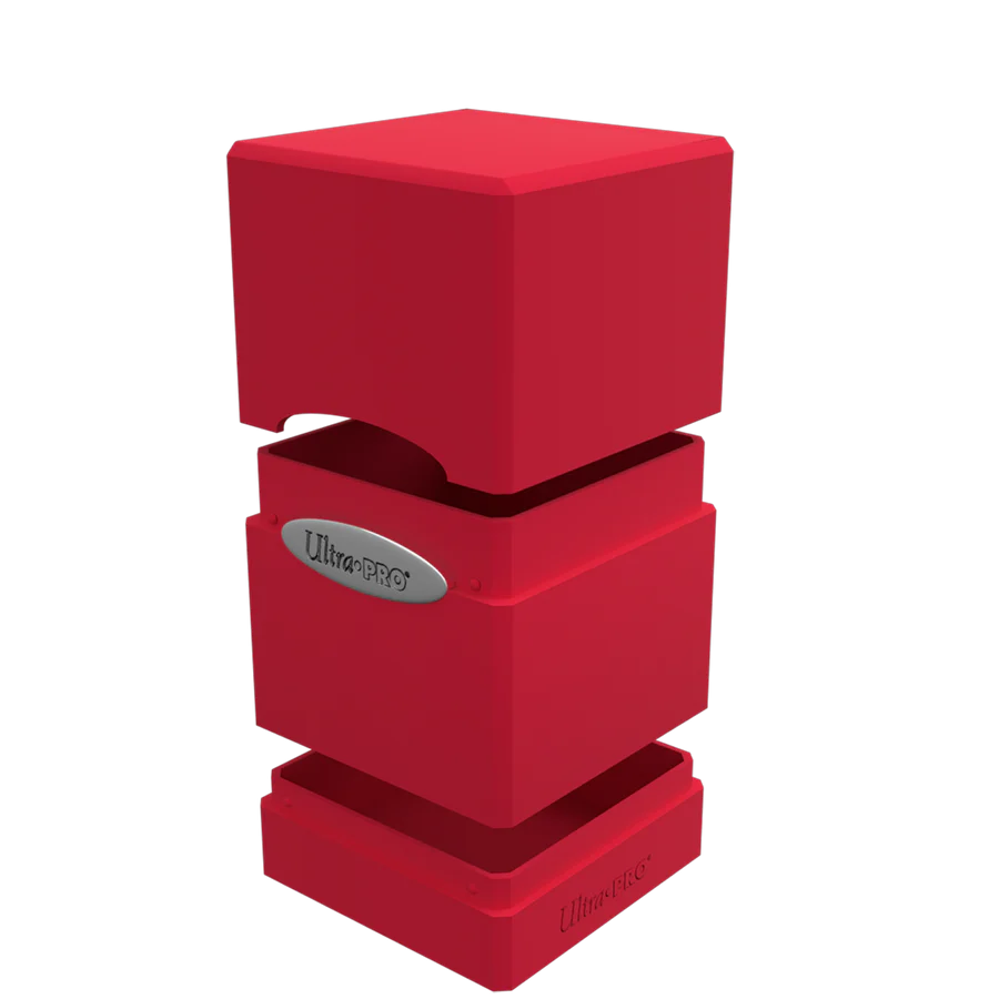 Ultra PRO: Satin Tower: Apple Red Deck Box, a modular case for 100+ trading cards, featuring a snap-fit lock and extra compartment for gaming accessories.