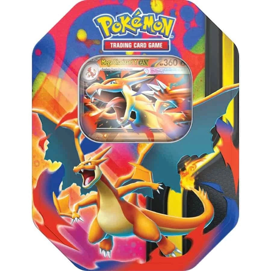 Pokémon TCG: Mega Charizard Tin: Mega Charizard Y featuring foil card, dynamic Charizard illustration, four booster packs, code card. Perfect for collectors and gamers.