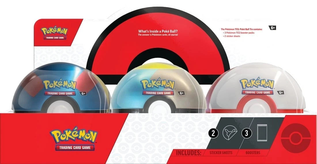 Pokémon TCG: Poké Ball Tin 2024 Display featuring three collectible tins with booster packs and sticker sheets, presented in branded packaging.