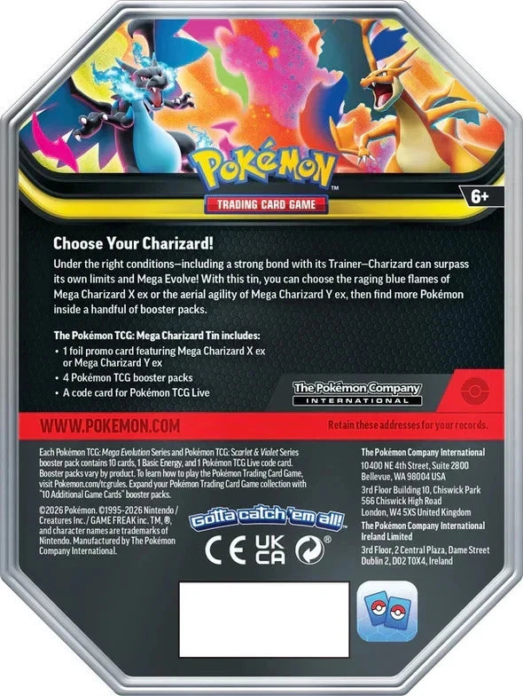 Mega Charizard Tin featuring Mega Charizard X artwork, includes promo card, four booster packs, and code card. Official Pokémon TCG product with legal information.