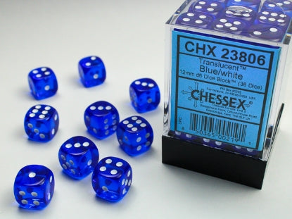 Chessex 12mm D6 Dice Block, featuring 36 translucent blue dice with white pips, ideal for enhancing tabletop gameplay at Moonveil Games.