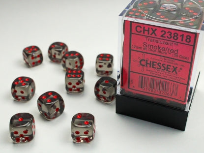 Chessex 12mm D6 Dice Block (36 dice): Semi-transparent smoky-grey dice with red pips, displayed in front of their labeled plastic box, ideal for gaming enthusiasts.