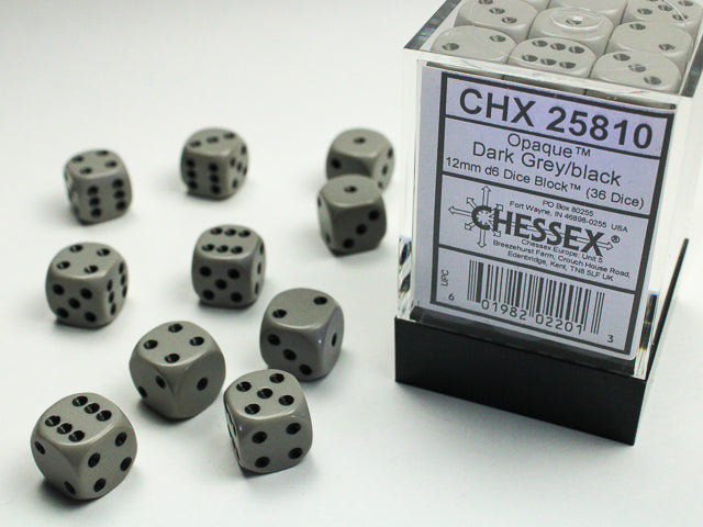 Chessex 12mm D6 Dice Block features 36 precision-crafted dark grey dice in a clear plastic container, perfect for gaming with style and reliability.
