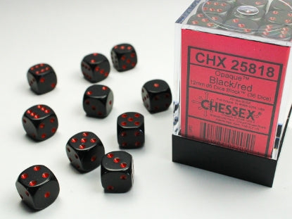 Chessex 12mm D6 Dice Block (36 dice) featuring opaque black dice with red pips, includes a clear display box, ideal for tabletop gaming.
