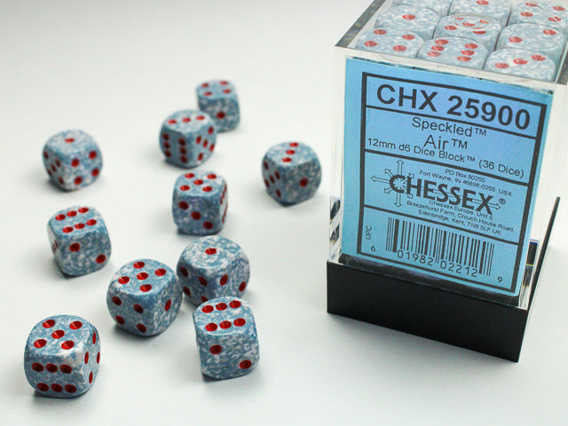 Chessex 12mm D6 Dice Block (36 dice) featuring light blue/grey marbled faces with red pips, displayed loose and in a clear plastic box.