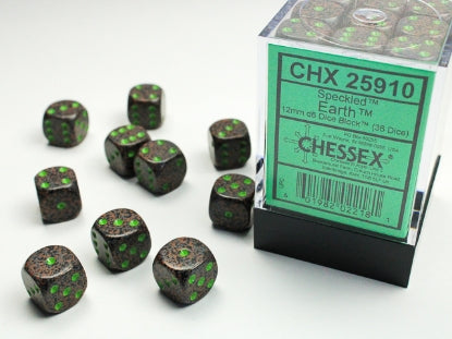 Chessex 12mm D6 Dice Block (36 dice) featuring Speckled Earth™ design, ideal for tabletop RPGs, showcased in a clear plastic display box.