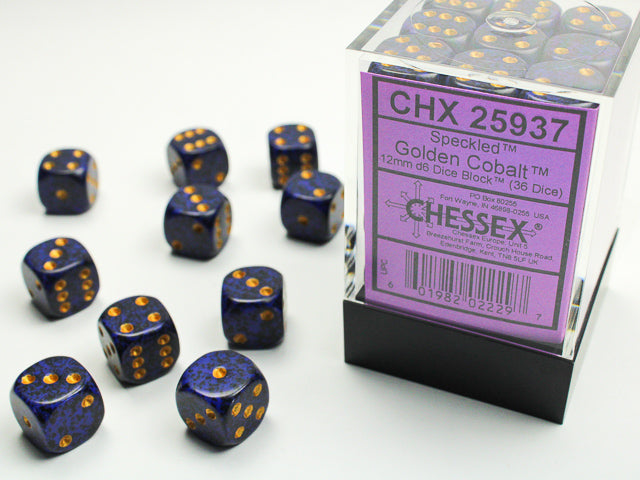 Chessex 12mm D6 Dice Block features 36 speckled Golden Cobalt dice in a clear cube, ideal for Magic the Gathering enthusiasts at Moonveil Games.