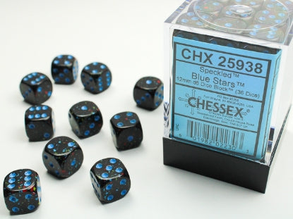 Chessex 12mm D6 Dice Block (36 dice) in clear packaging, featuring black dice with blue speckles, tailored for precision gaming at Moonveil Games.