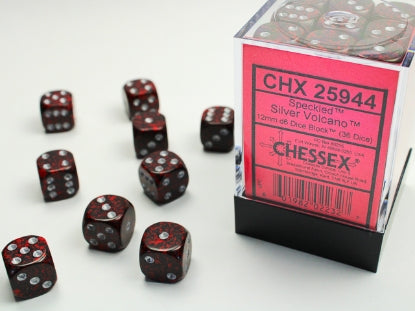 Chessex 12mm D6 Dice Block (36 dice), featuring red-and-black speckled six-sided dice with silver pips, displayed with a clear storage cube.