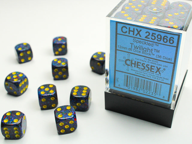 Chessex 12mm D6 Dice Block (36 dice) featuring navy-to-black speckled design with yellow pips, ideal for tabletop gaming enthusiasts seeking style and precision.