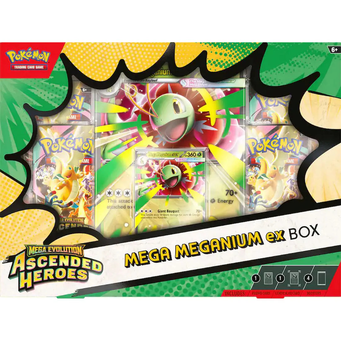 Pokémon TCG: Mega Evolution 2.5: Ascended Heroes Mega Ex Box (RANDOM) with Mega Meganium ex promo card, lenticular card, and four booster packs visible.