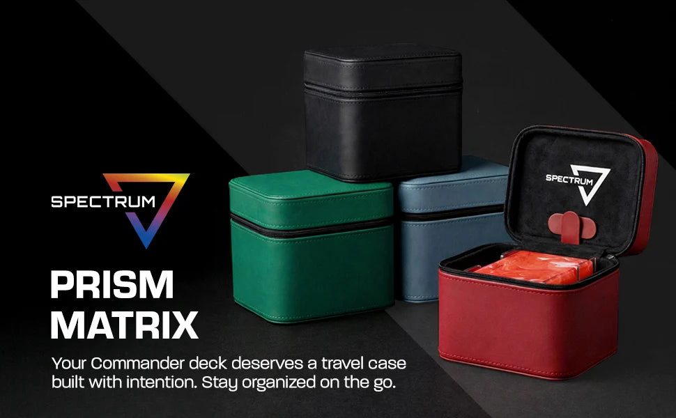 Spectrum7's Prism Matrix travel case open, displaying organized trading cards. Features secure zip closure and customizable interior for optimal card protection and accessory storage.