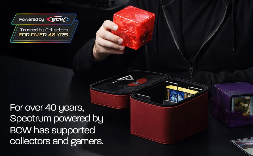 BCW Prism Deck Case - Matrix in red and purple, showcasing dual compartments for card and accessory storage, designed for MTG enthusiasts and collectors.